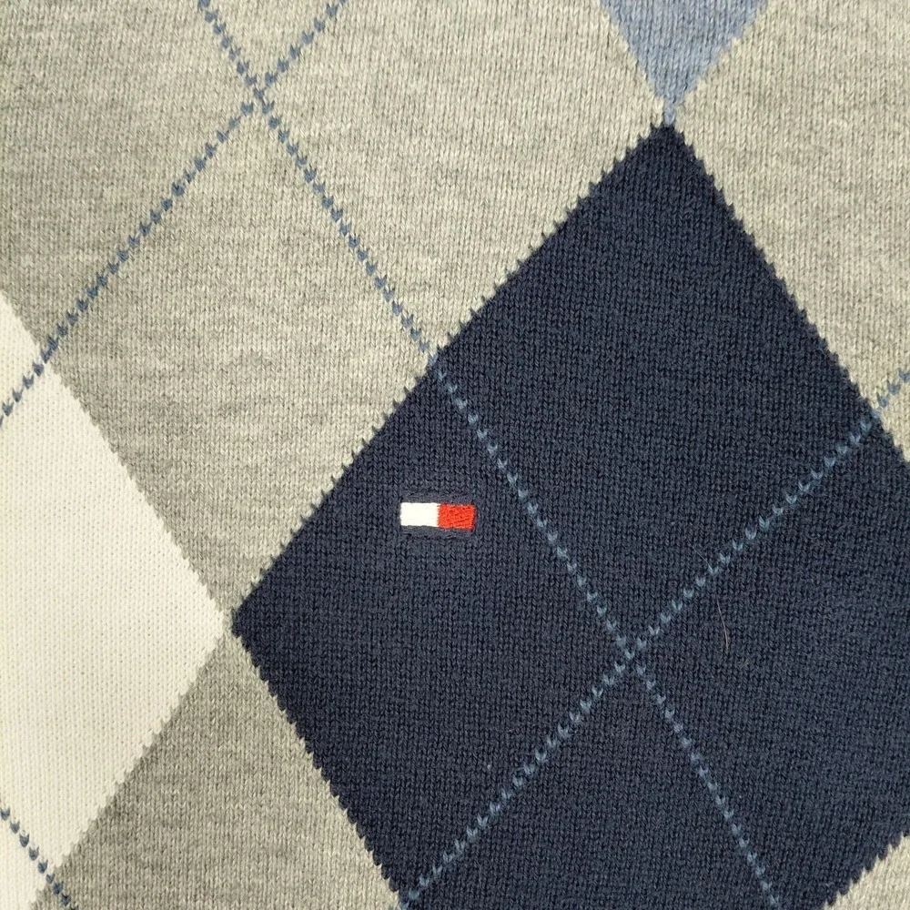Tommy Hilfiger Size S Argyle V Neck Sweater Men Pullover Gray Blue Cotton Preppy